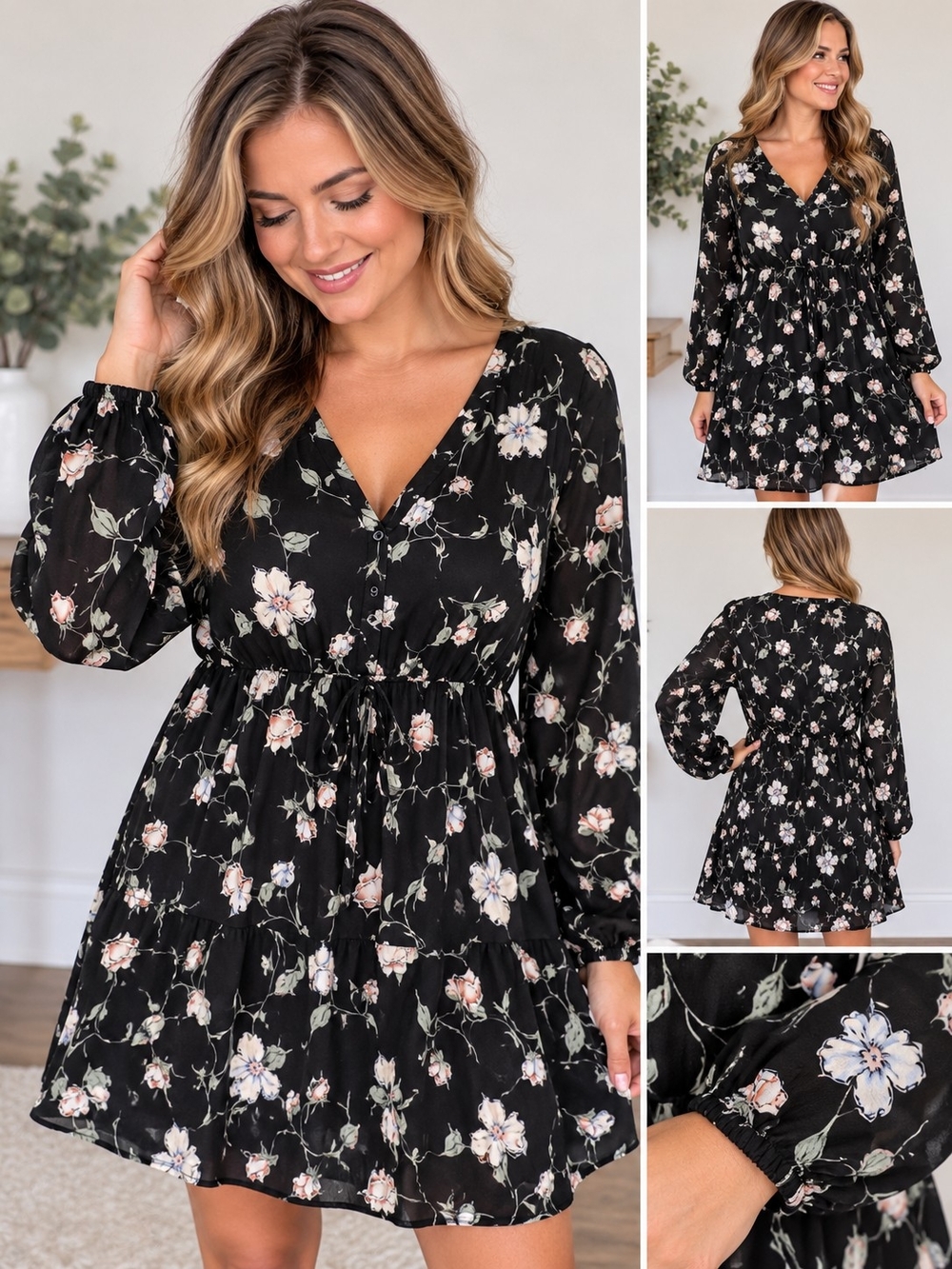 Allegra K Women’s XL Black Floral Long Sleeve Button Front Flowy Dress
